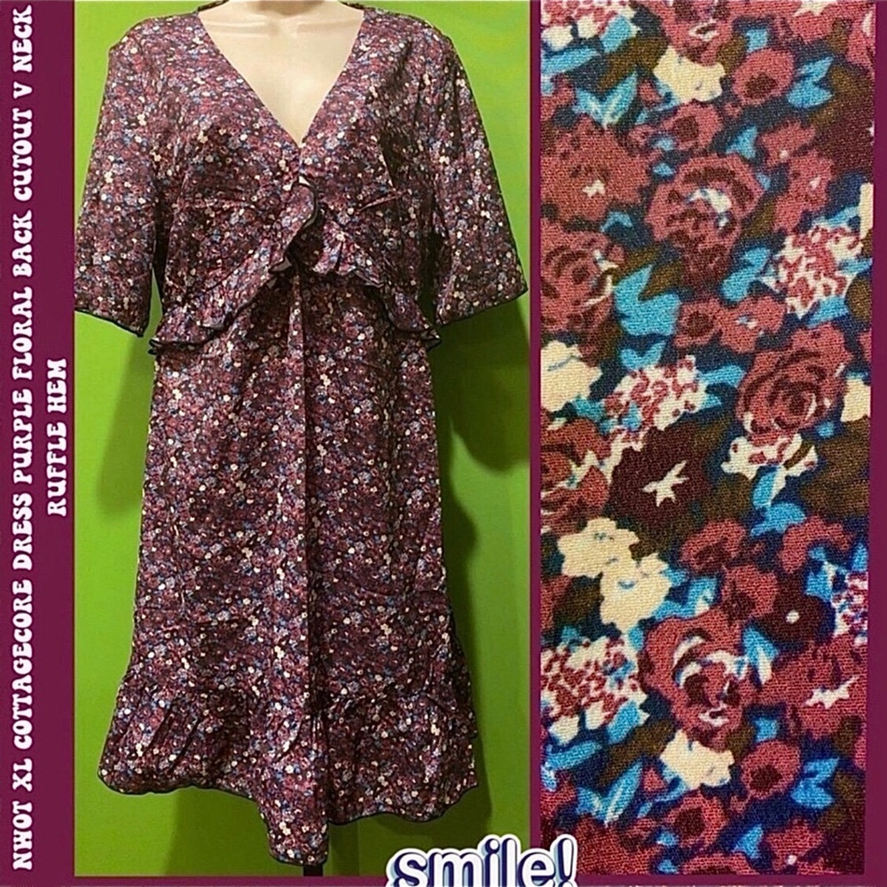NWOT L/XL COTTAGECORE DRESS FLORAL BACK CUTOUT & RUFFLE HEM see measurements